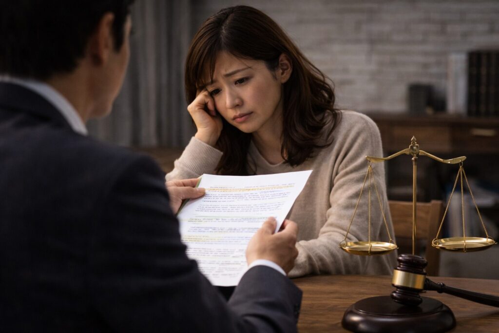弁護士事務所の相談室で書類を見つめながら不安そうな表情を浮かべる30代の日本人女性と、机上に置かれた天秤と木槌