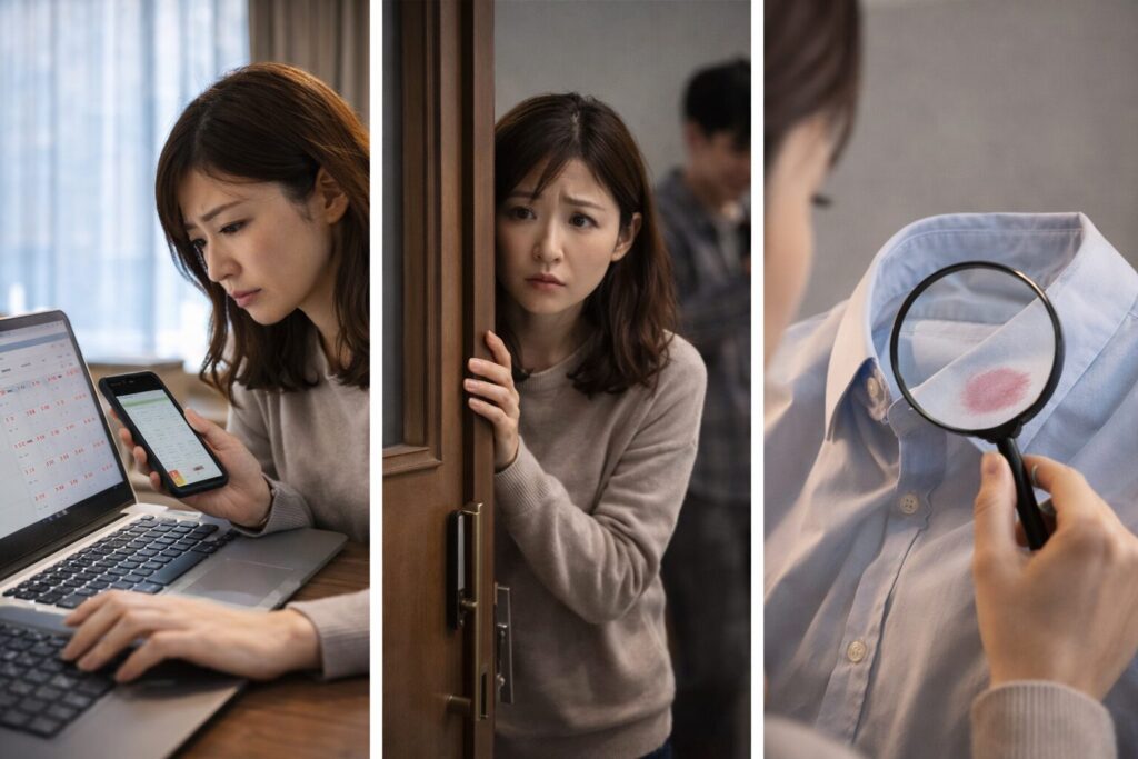自宅でスマートフォンやパソコンを確認したり、シャツの汚れを拡大して調べたりするなど、自分で浮気の兆候を探そうとする30代の日本人女性の様子