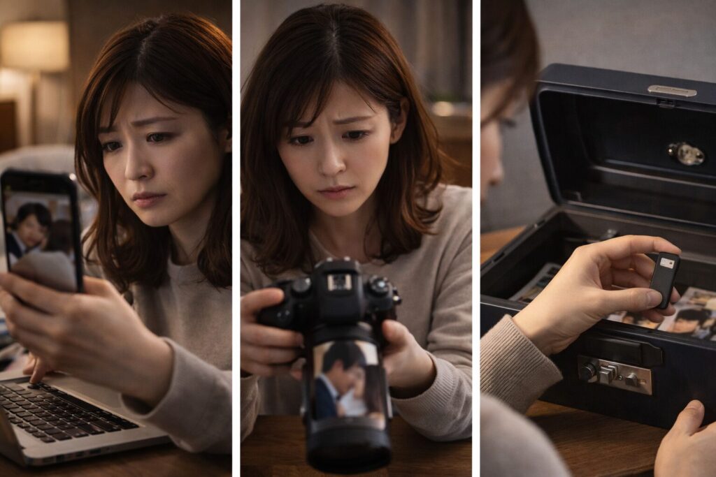 自宅のテーブルでスマートフォンやカメラを手にしながら、保存した写真やデータを確認している30代の日本人女性の様子