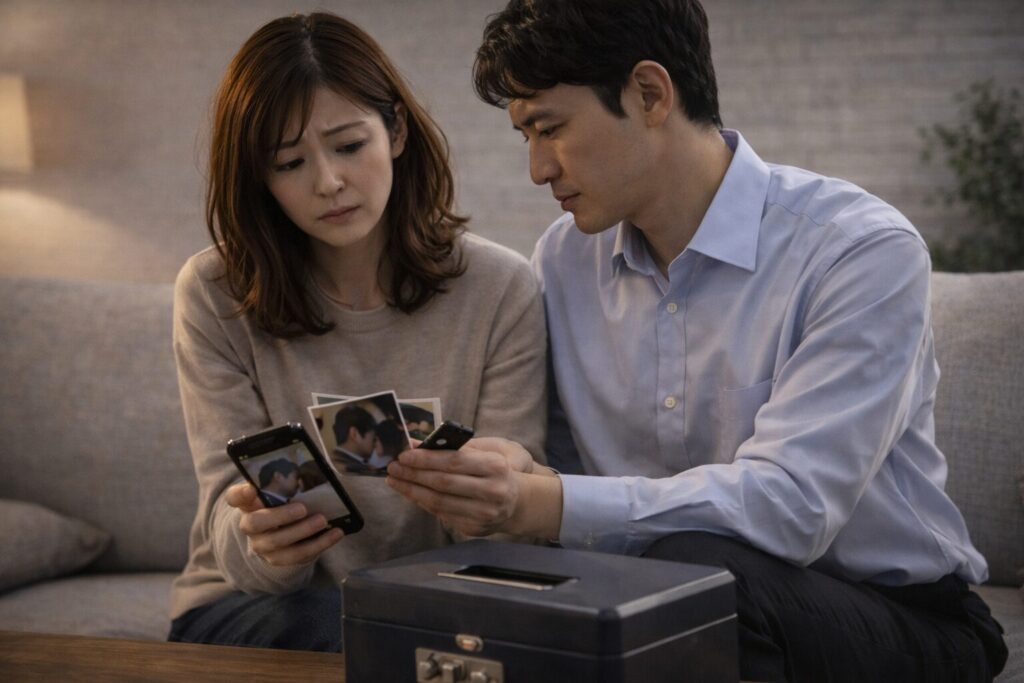 リビングのソファで向き合いながらスマートフォンや写真を確認し、真剣な表情で話し合う30代の日本人夫婦の様子