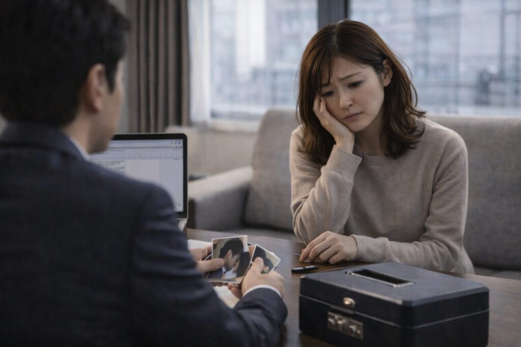 オフィスの相談室で調査報告の写真を確認しながら真剣な表情で話を聞く30代の日本人女性の様子