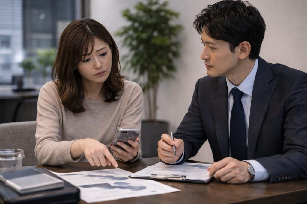 オフィスの打ち合わせスペースで、スマートフォンと資料を見ながら真剣に相談している30代の日本人女性とスーツ姿の探偵の様子