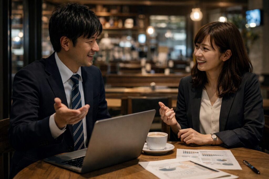 カフェで会話する日本人の男女。浮気されやすい職業の共通点をイメージしたシーン