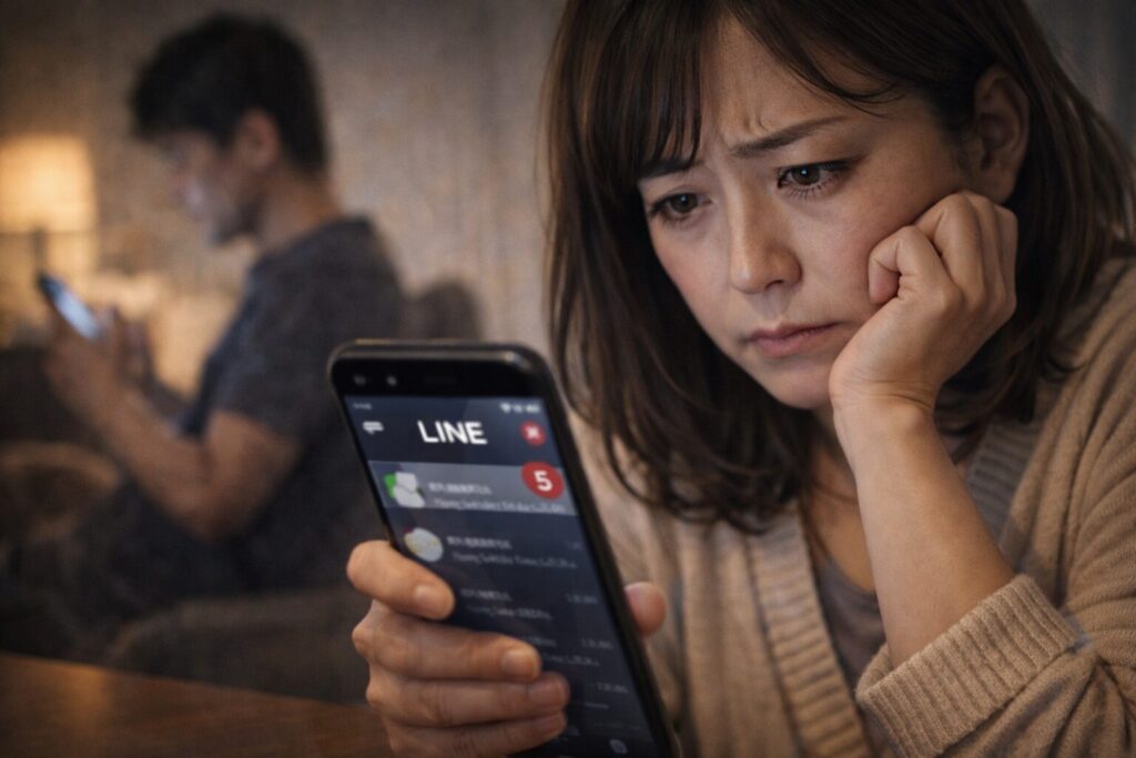 スマホを見つめる不安そうな表情