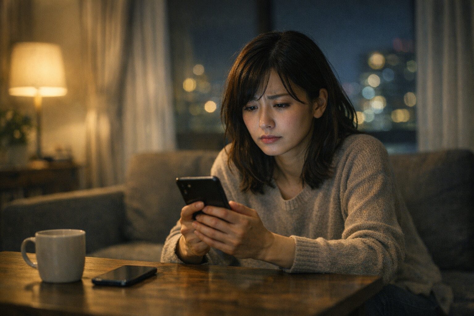 スマートフォンを見つめる不安な表情