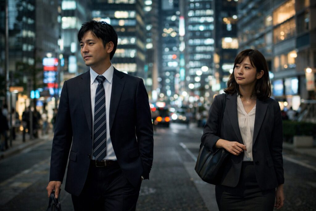 夜のオフィス街を歩く日本人のビジネスパーソン。浮気されやすい職業のイメージ