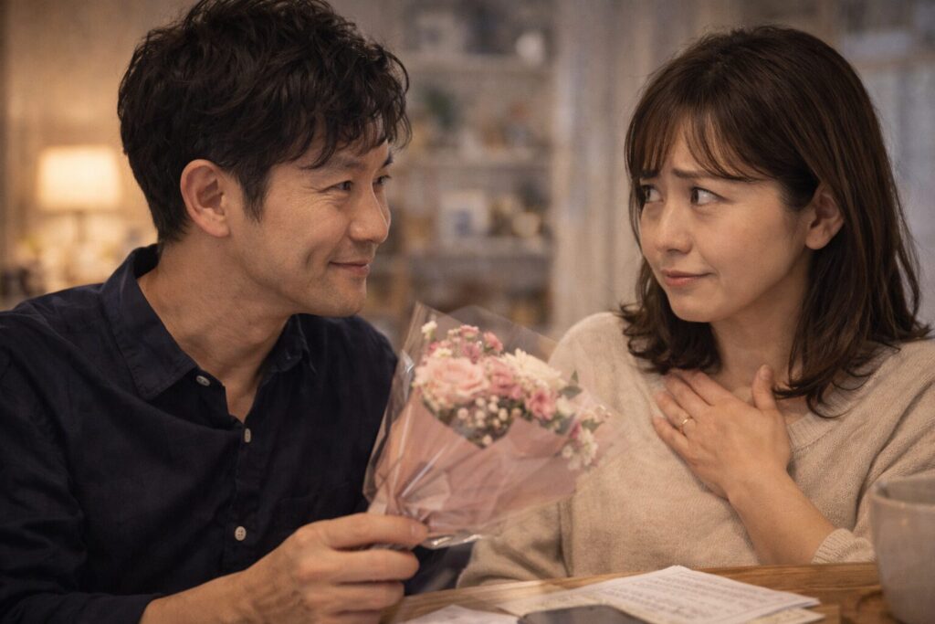 花束を手に微笑む男性