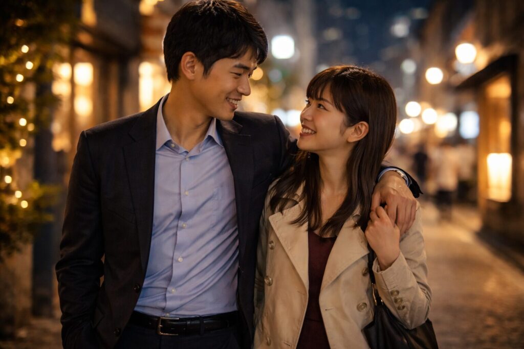 夜の街を歩きながら親しく会話する日本人の男女。ホワイトデー前後に距離が近づき、関係が深まっていく浮気のパターンをイメージした写真。