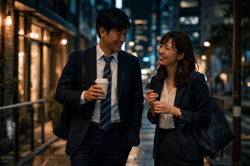 夜の街で親しげに会話する日本人の男女。不倫が多い職業のイメージ