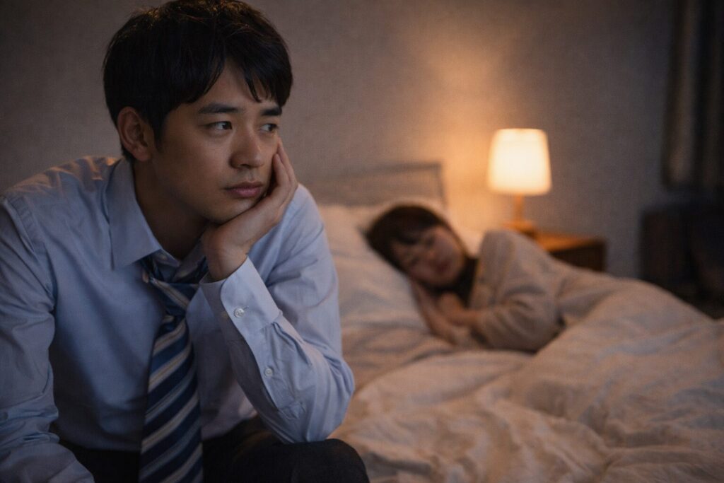 夜の寝室でベッドの横に座り込み、悩んだ表情を浮かべる日本人男性。後ろでは女性が眠っており、浮気に揺れる男性の心理や葛藤を表現したイメージ。