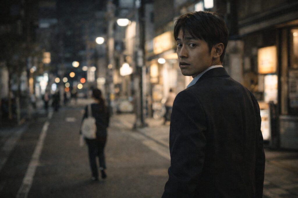 周囲を警戒しながら歩く男性のイメージ