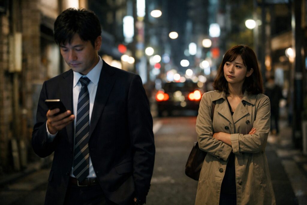 夜の街で距離を空けて歩く日本人の男女。不倫や浮気の疑いをイメージしたシーン