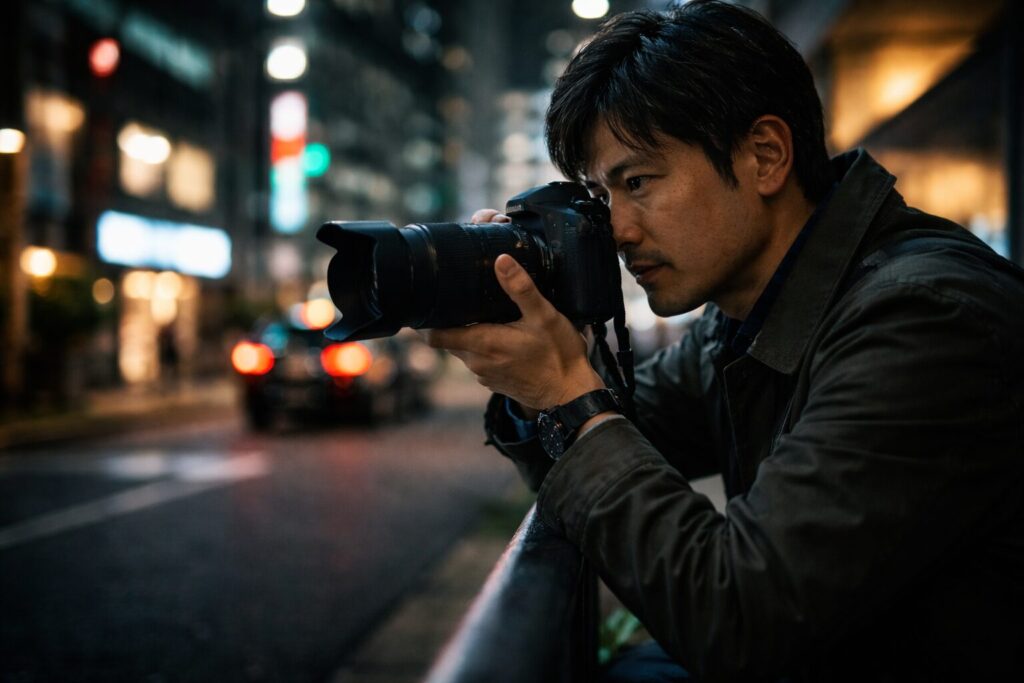 夜の街で証拠撮影をしている日本人の探偵。浮気調査の証拠収集イメージ