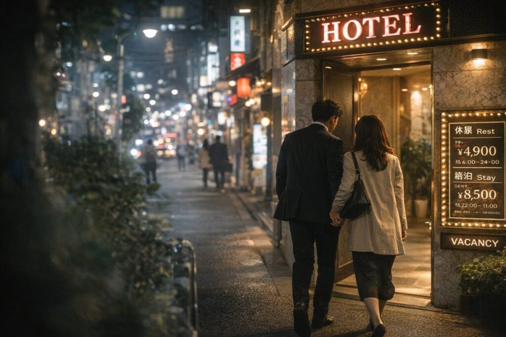 ホテルの入り口に向かうカップル