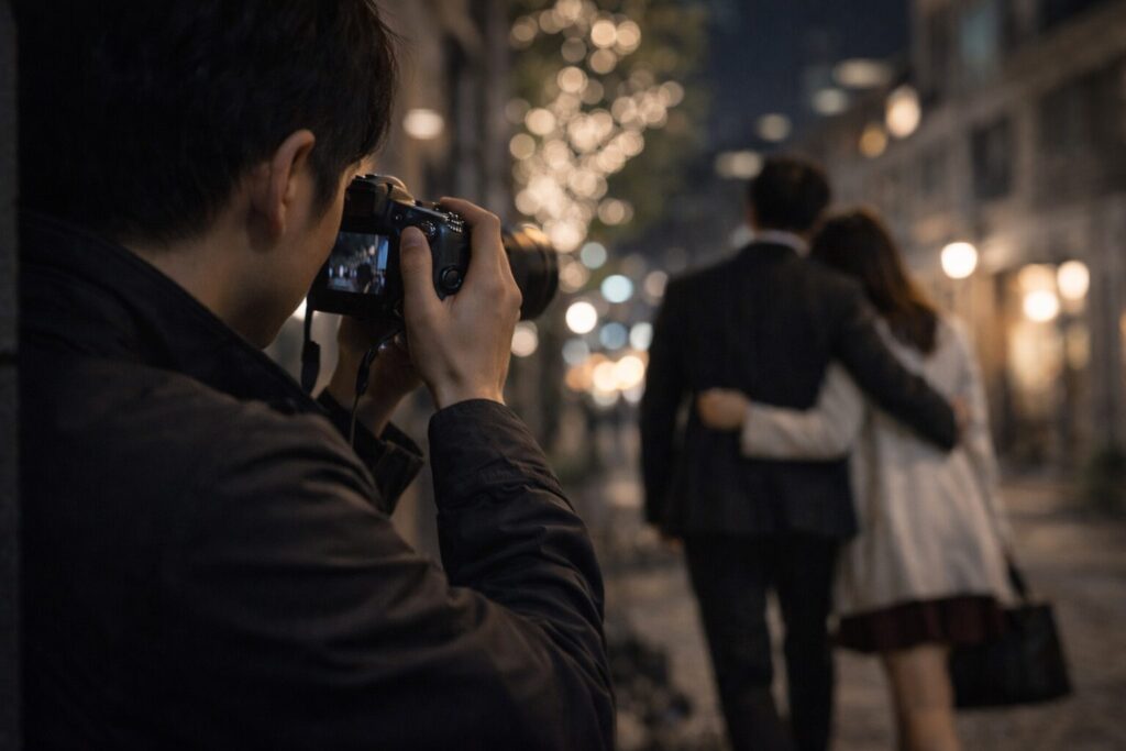 夜の街で寄り添って歩く男女を遠くから撮影する日本人の調査員。浮気調査の現場をイメージした写真で、探偵が密会の証拠を撮影している様子。