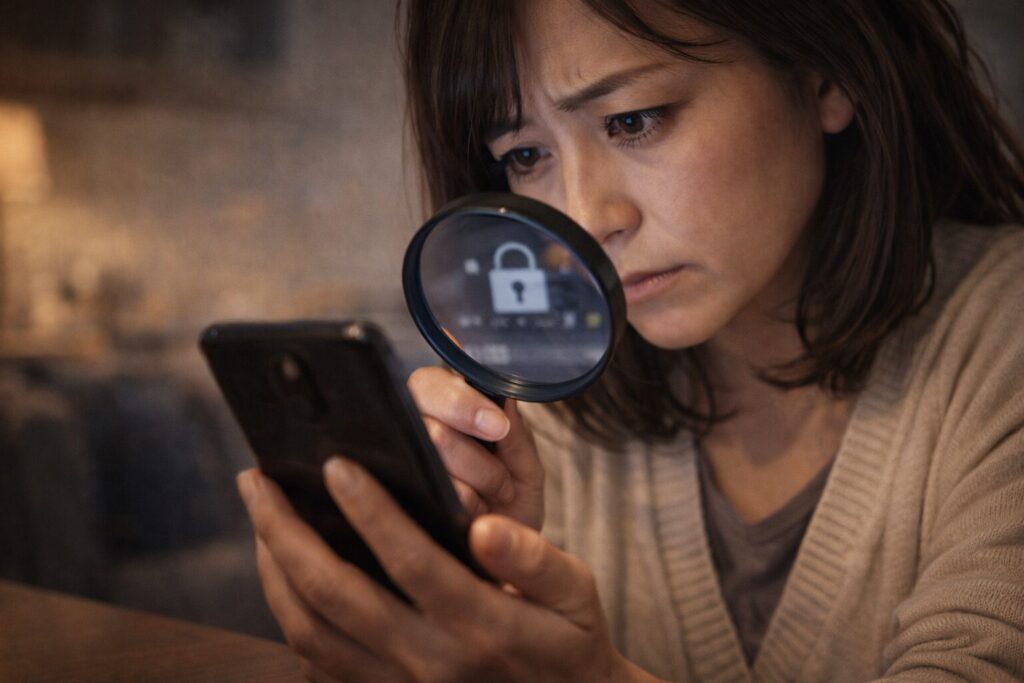 スマートフォンを確認しながら旦那の浮気の兆候を調べている日本人女性