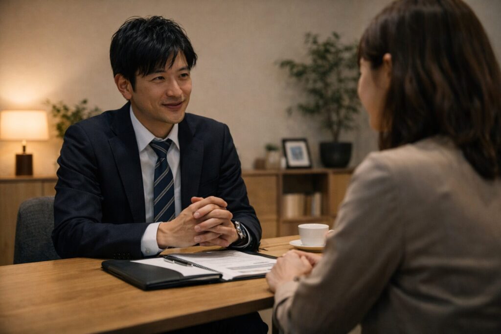 相談スペースで話をする日本人探偵と女性。浮気調査の相談イメージ