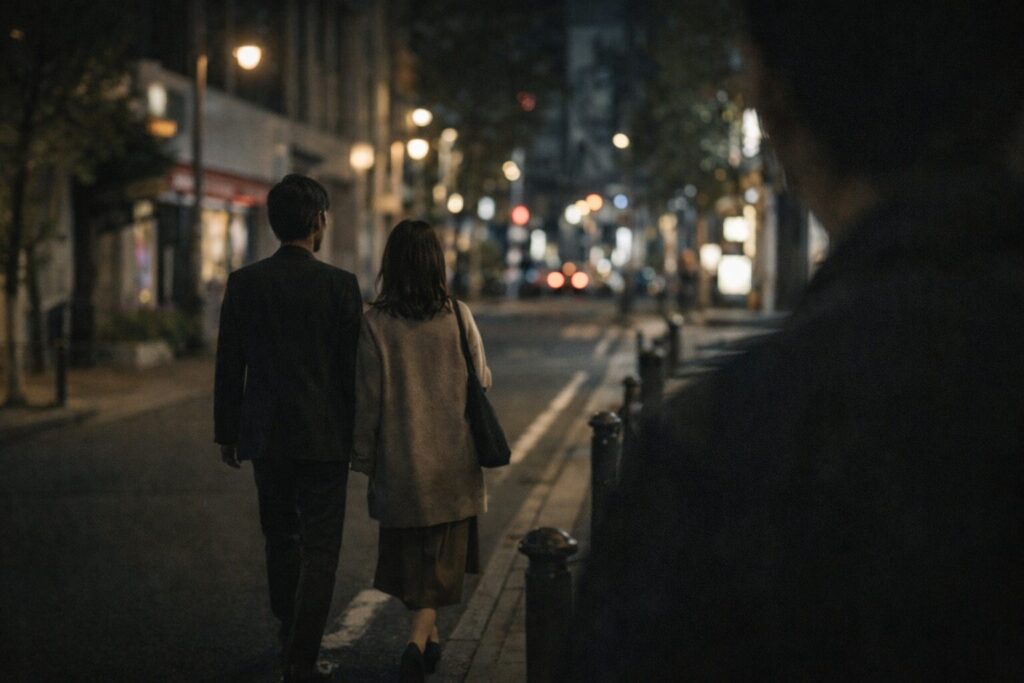 夜の街で尾行調査をしているようなイメージ