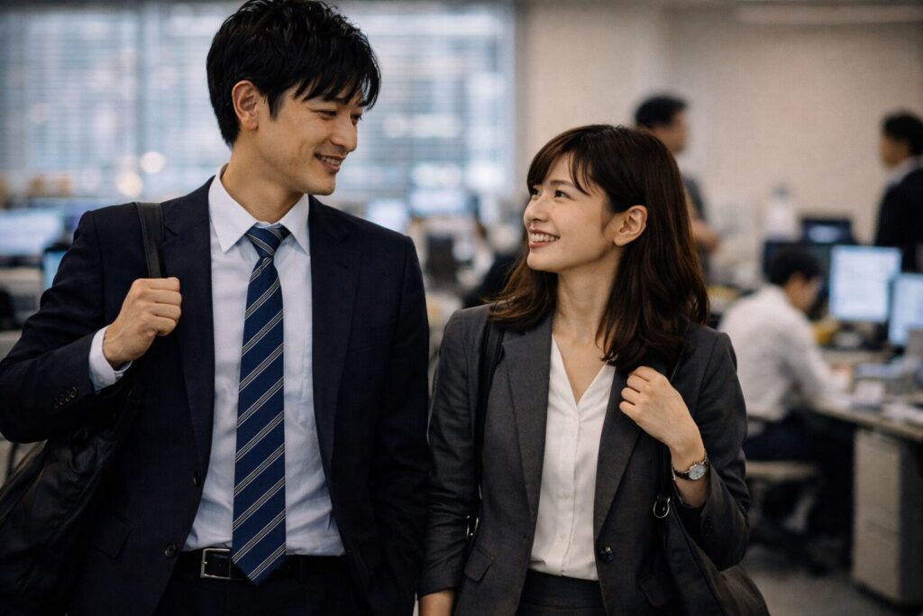 スーツ姿の男女がオフィスで仲良さげに話している
