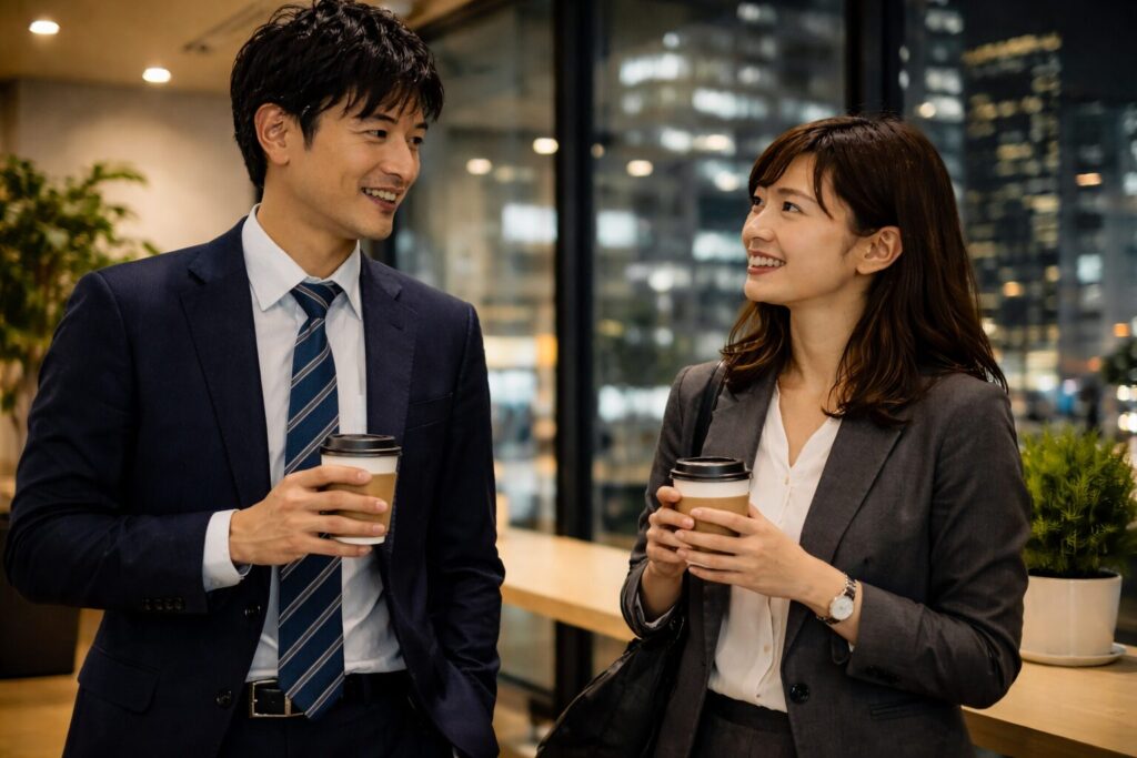 オフィスでコーヒー片手に楽しそうに話しているスーツ姿の男女２名