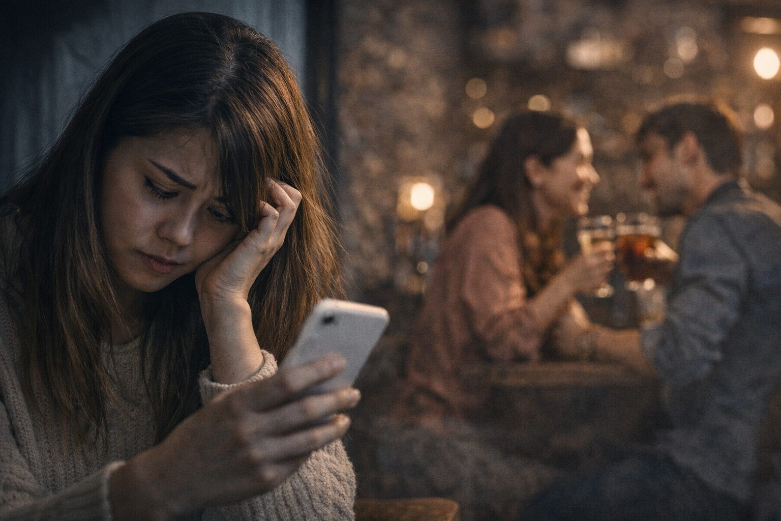 不安な表情の女性と背景のカップル