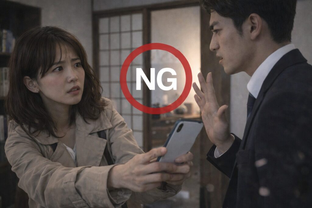 スマホを巡って言い争う日本人の男女。感情的に問い詰めるNG行動や関係悪化のリスクをイメージしたシーン