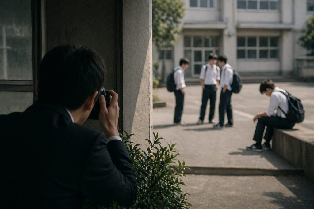 集団の中で孤立している人物と周囲の関係性を第三者が観察しているいじめの実態を示したイメージ