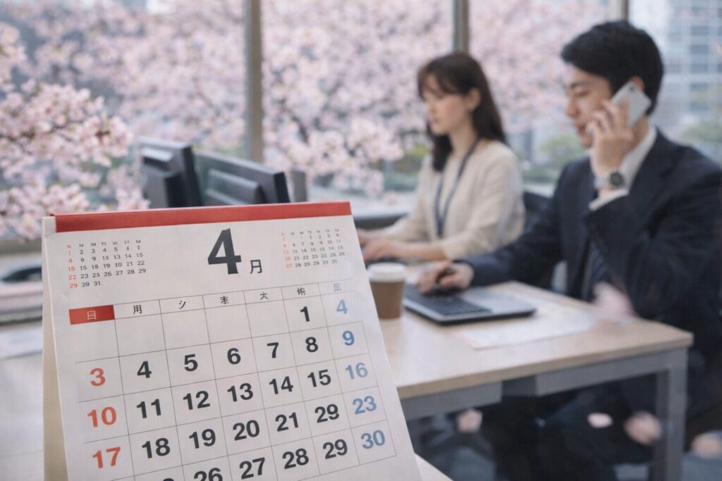 4月のオフィスで桜が見える中、仕事をする男女と手前に置かれた4月のカレンダー。新年度の環境変化をイメージしたシーン
