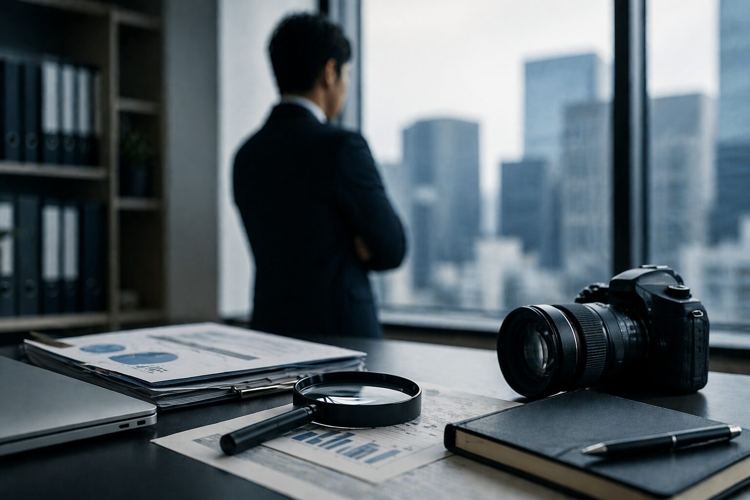 オフィスで資料やカメラを前にしながら、企業調査や潜入調査に関する情報を整理しているビジネスパーソンの様子
