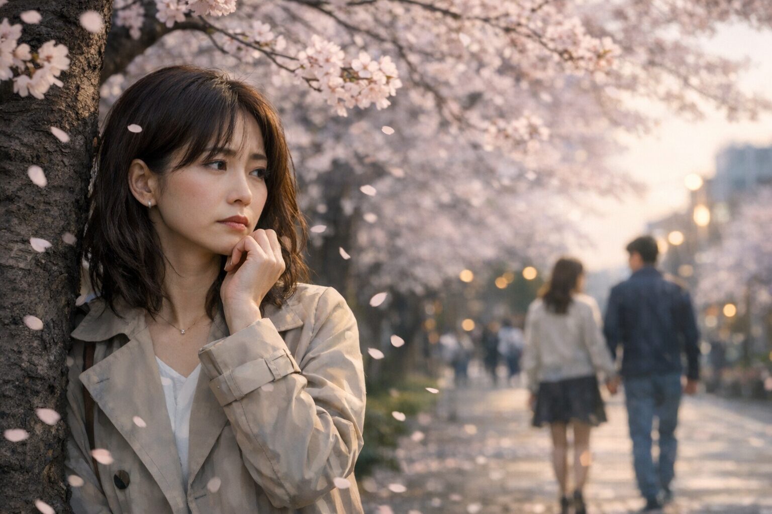 桜の下で感じる切なさ 20代の女性が旦那の不倫現場を眺めている