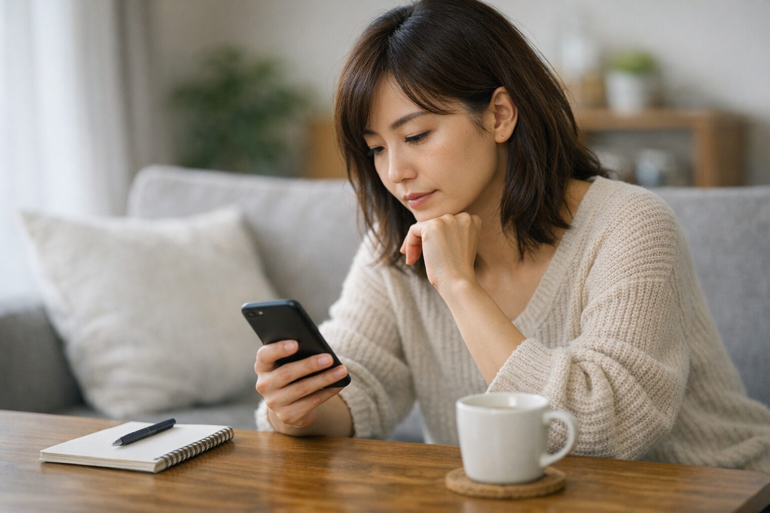 リビングでスマホを見つめる女性