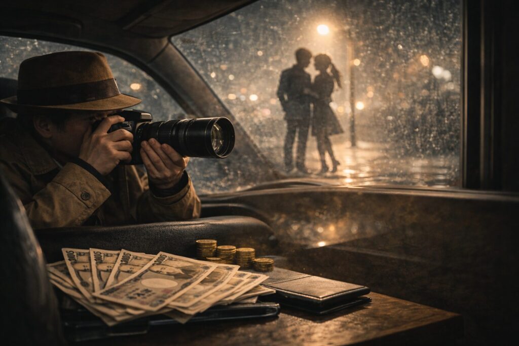 二人の男女を車内から撮影している探偵