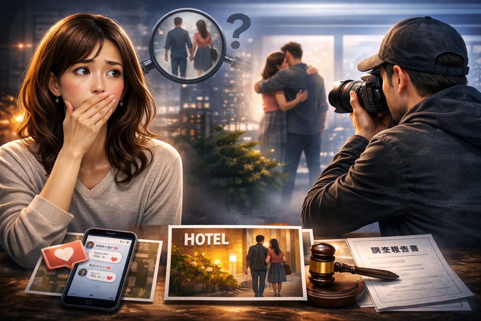 浮気の証拠を掴もうとする探偵と、遠くで抱き合う男女の様子を見て不安そうにする日本人女性。不倫相手の特定をイメージしたシーン