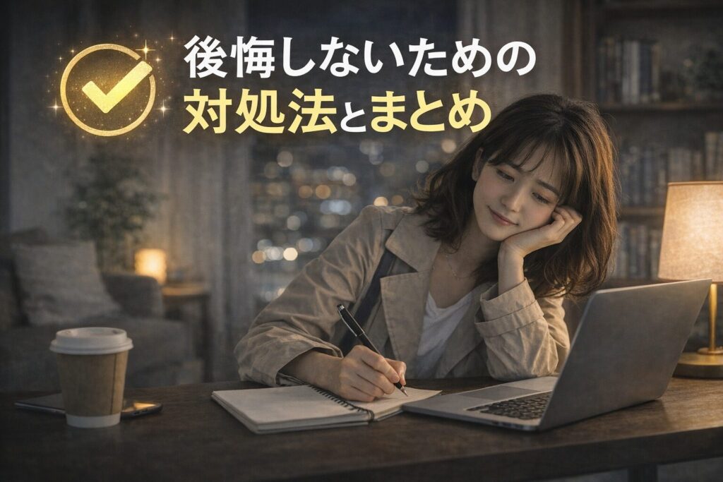 ノートに書き出しながら冷静に考える日本人女性。浮気問題への対処法を整理し、後悔しない判断を考えている様子