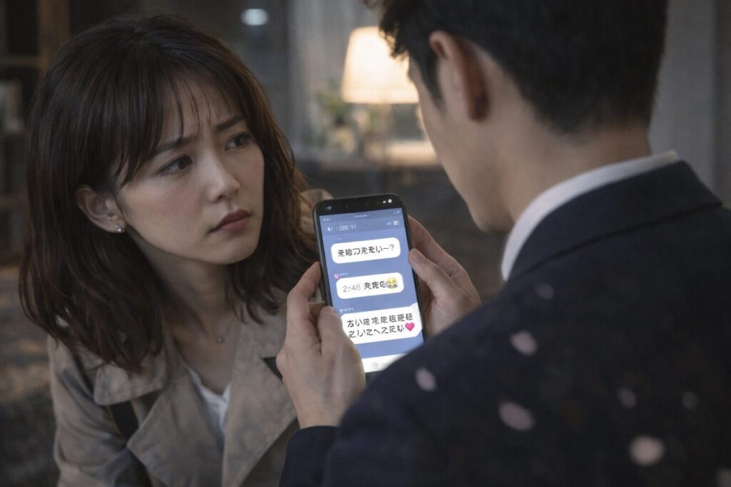 スマホを見つめる男性と、その様子を疑いの表情で見つめる日本人女性。行動の変化や浮気の兆候に気づくシーン