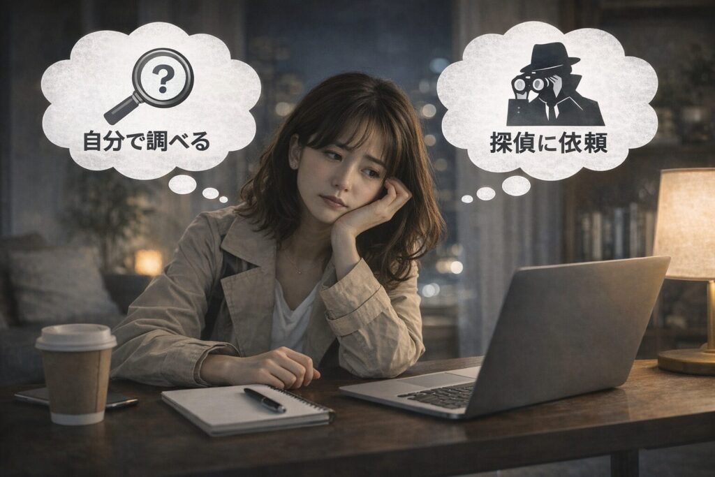 自宅で悩みながらパソコンを見る日本人女性。自分で調べるか探偵に依頼するかを迷っている様子を表したシーン