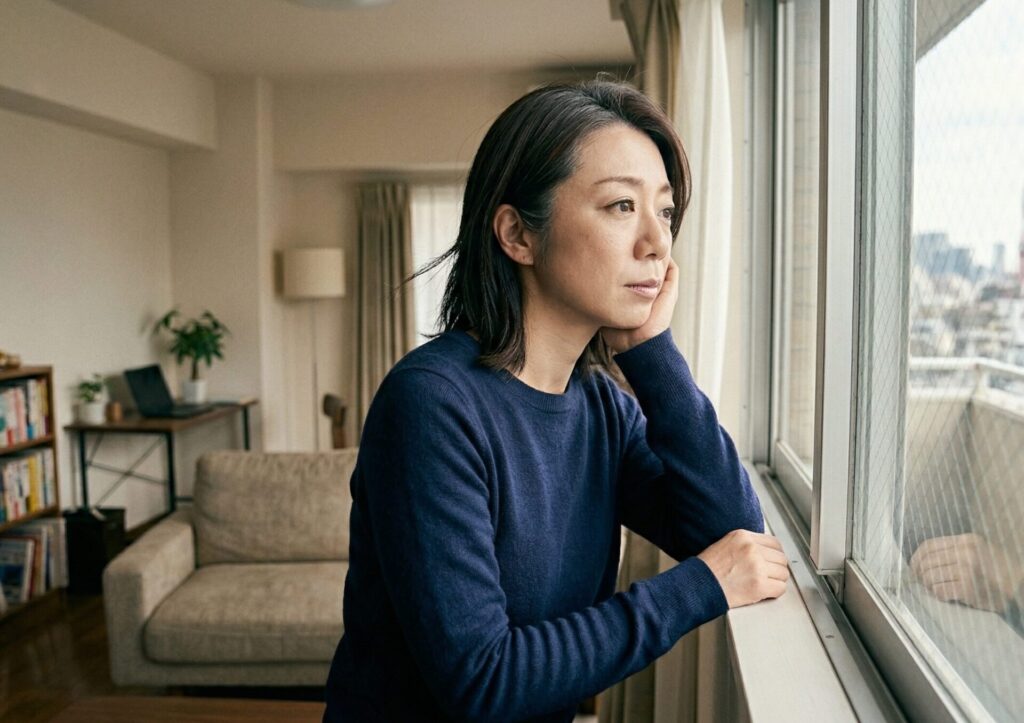 将来について考えながら悩んでいる日本人女性の様子