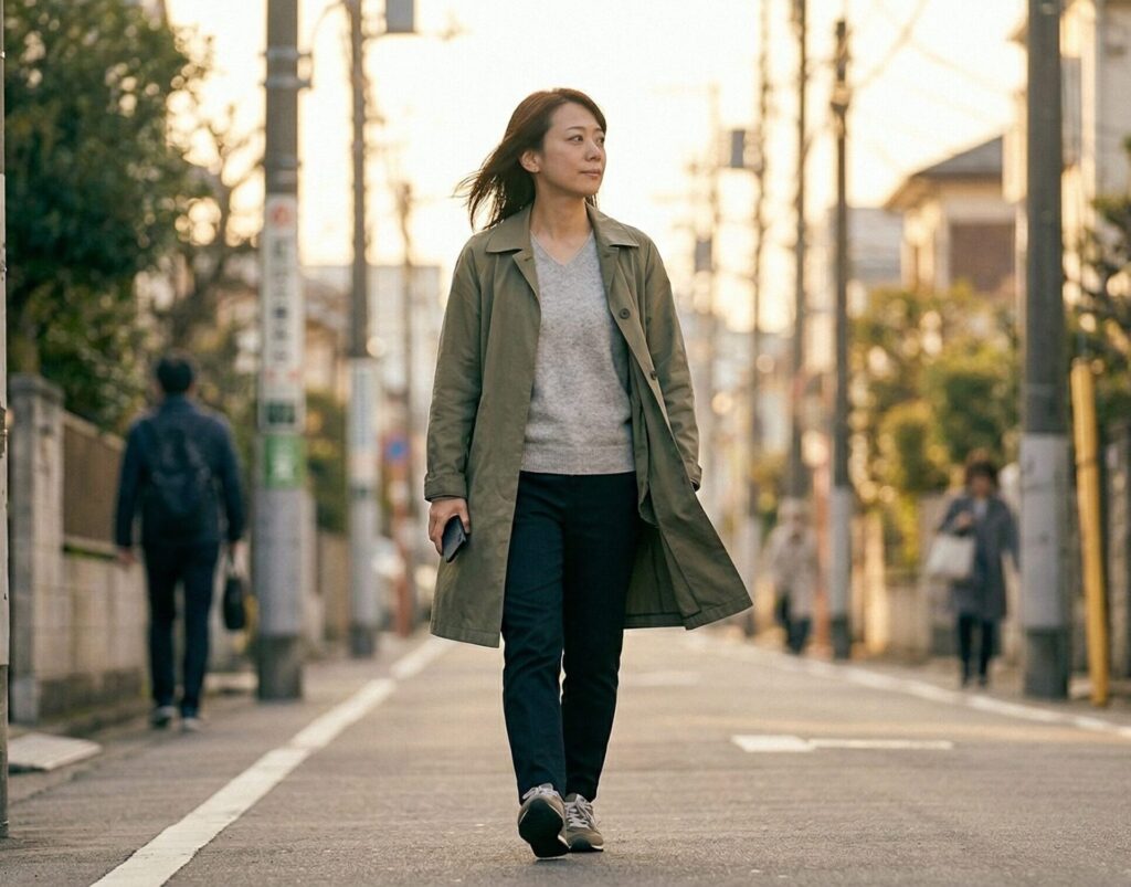 0代の日本人女性が屋外の歩道や街中を一人で前を向いて歩いているシーン。表情は穏やかで落ち着いており、迷いを抜けて前に進んでいるような自然な表情。