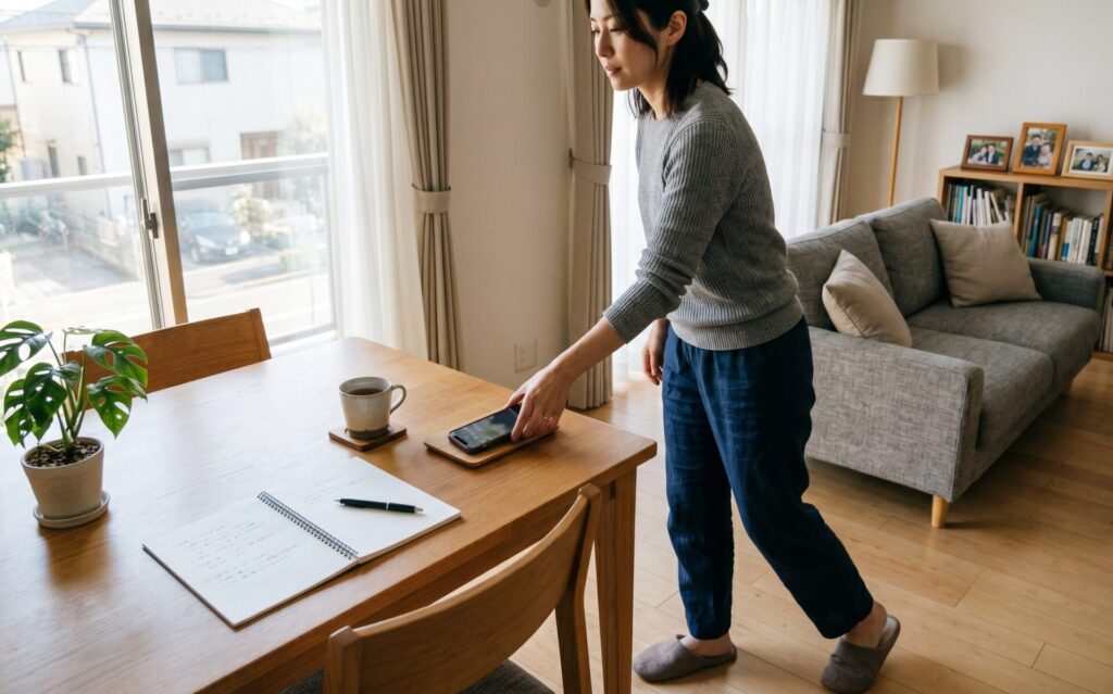 日本の自宅の室内で、テーブルの上が整理された状態になっているシーン。