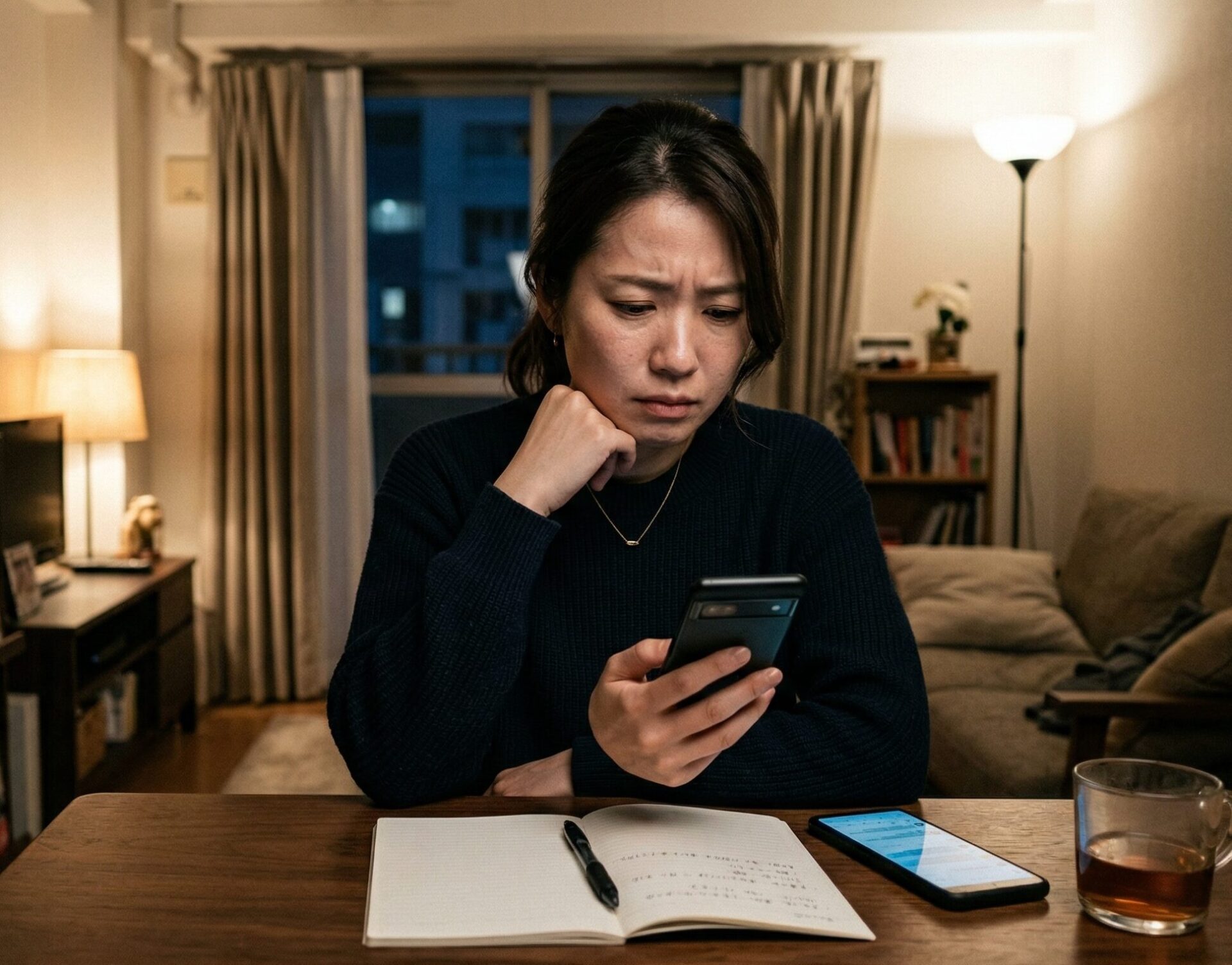浮気が発覚しスマートフォンを見ながら悩み、今後の行動を考えている日本人女性の様子