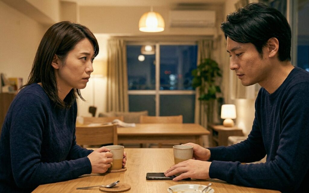 30代の日本人女性がカフェや自宅のテーブルで向かいに座る男性の様子をじっと観察しているシーン。女性は少し不安そうで疑いのある表情をしており、男性はスマートフォンを気にしながら自然を装っている。
