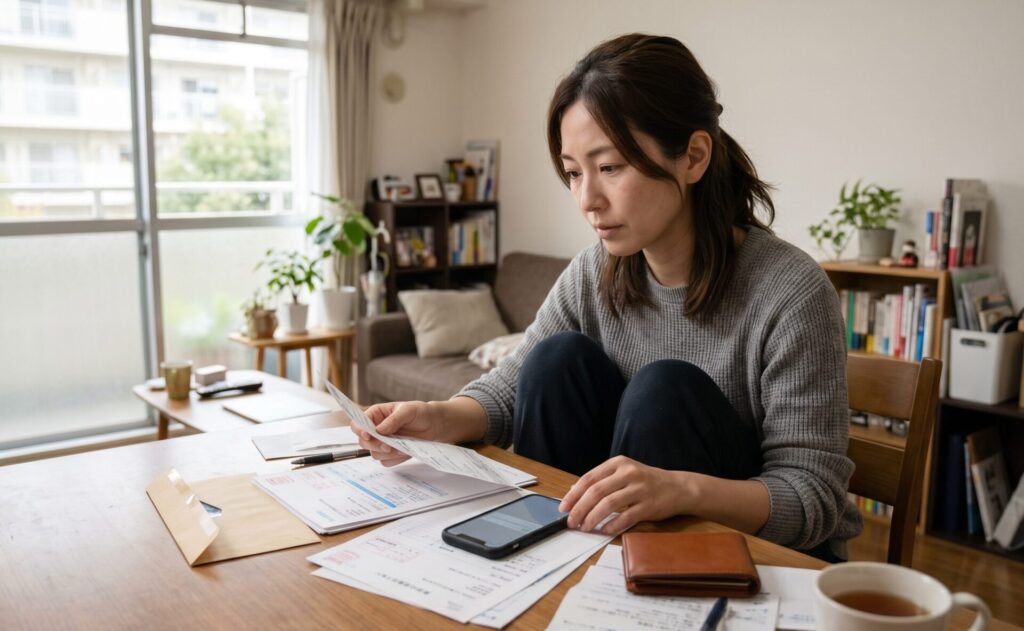 30代の日本人女性が自宅のリビングで一人、テーブルの上のスマートフォンや書類（請求書や封筒など）を見ながら静かに違和感を感じているシーン。