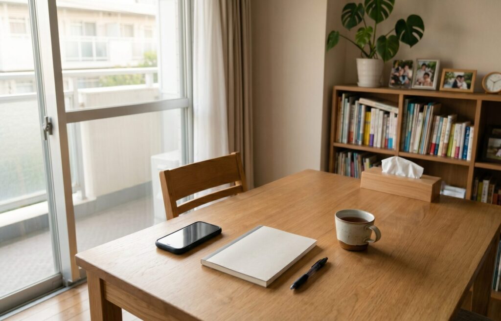 日本の静かな室内で、テーブルの上にスマートフォン、ノート、ペンが整然と置かれているシーン。