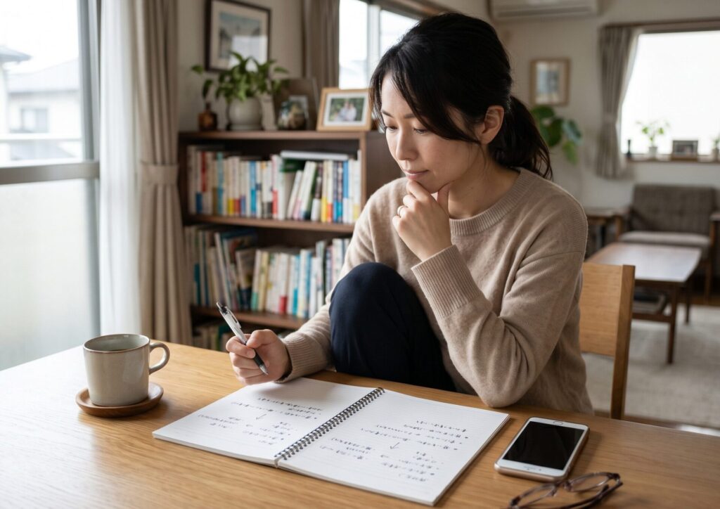 30代の日本人女性が自宅のテーブルで2つの選択肢を前にして考えているシーン。
