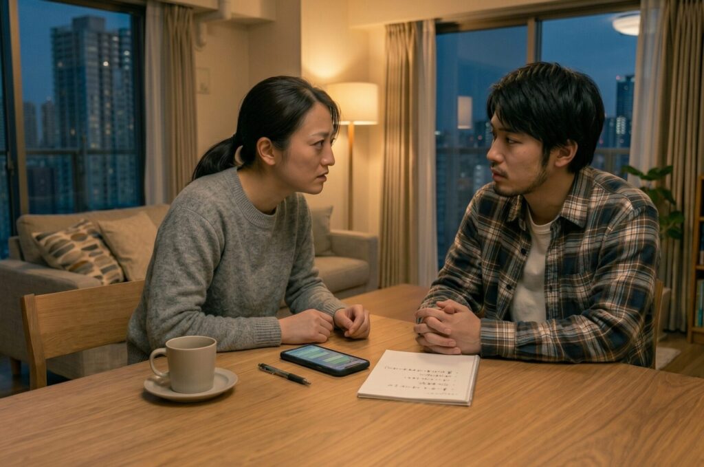 リビングで話し合う日本人夫婦の様子