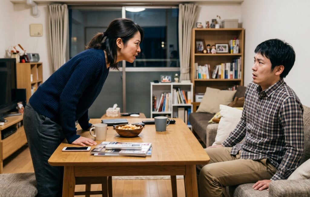 30代の日本人女性が室内で男性に対して強い口調で問い詰めているシーン