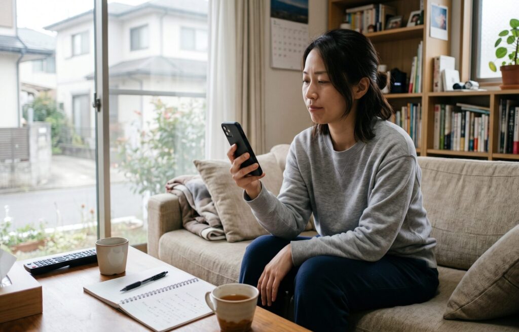 リビングでスマホを不安そうに見る40代日本人女性
