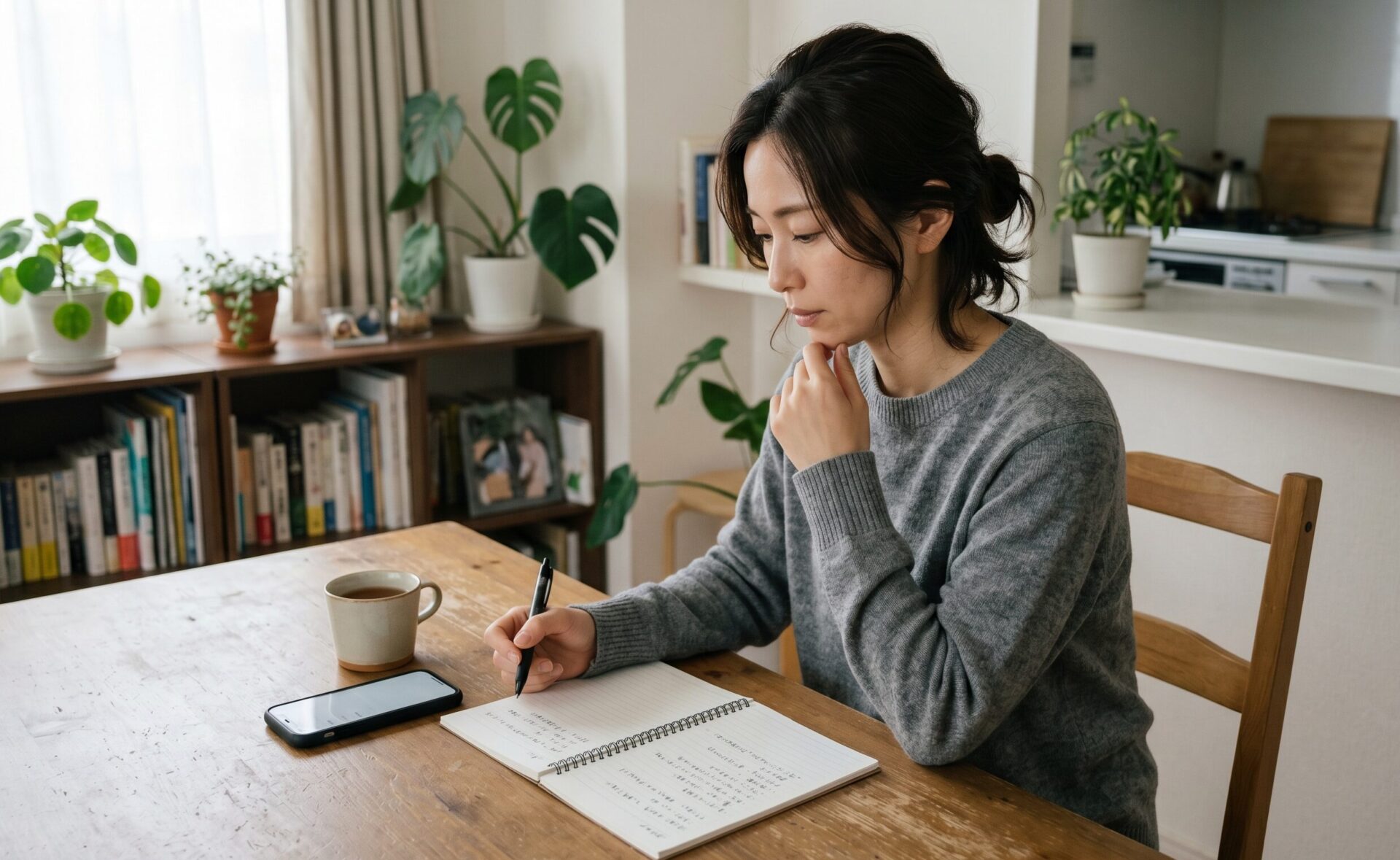 30代の日本人女性が自宅のダイニングテーブルで一人、ノートとスマートフォンを前に静かに考えているシーン。表情は強い不安ではなく、落ち着いて状況を整理しているような自然な雰囲気。