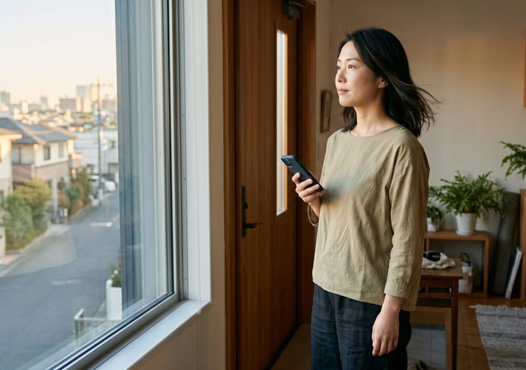 30代の日本人女性が自宅の窓際や玄関付近でスマートフォンを手にしながら、落ち着いた表情で前を見ているシーン。悩み切った状態ではなく、状況を整理してこれから行動しようとしている自然な雰囲気。
背景には朝や夕方の柔らかい自然光が入り、少し明るさや前向きな空気感を感じる構図。