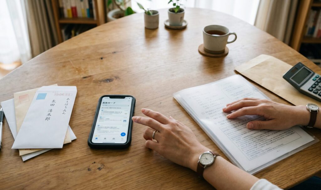 テーブルの上に並んだ2つの選択肢を前に、日本人女性がどちらを選ぶか迷いながら比較している様子